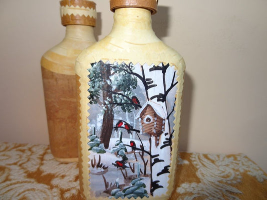 Painted bottles in birch bark "Winter landscape"