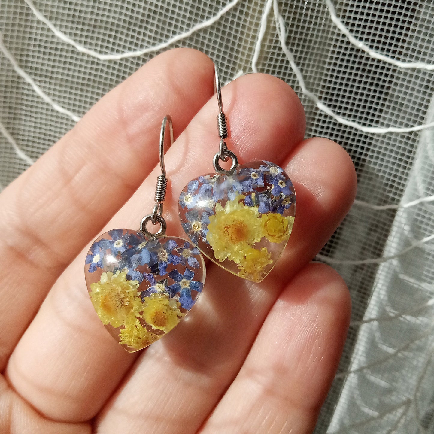 Ukrainian patriotic earrings with flowers in jewelry resin